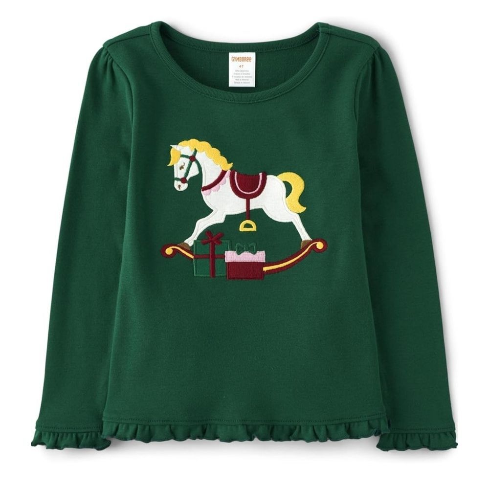 Gymboree Girls Holiday Christmas Presents Rocking Horse Green Shirt Size 10 NEW